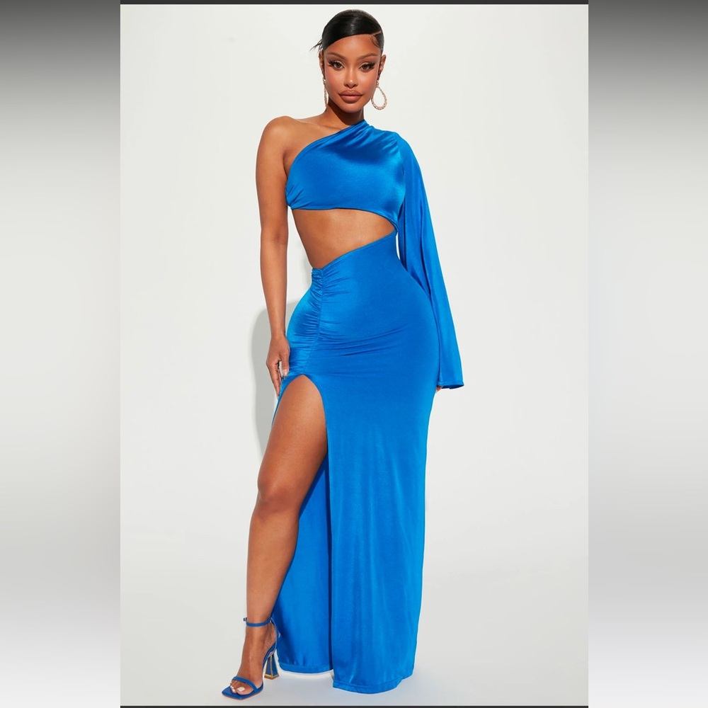Flow With Me Side Cut-out OnE Shoulder Maxi Dress - Royal Blur - Size: XL